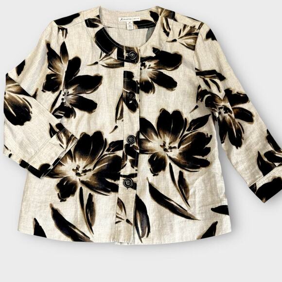 JM Collection Petite 100% Linen Floral 3/4 Sleeves Button Up Top Blouse Size 10P - Picture 2 of 13